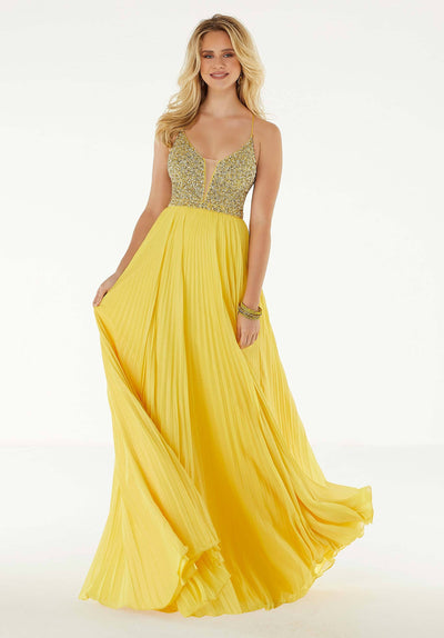 Mori Lee - 45073 Beaded Deep v-neck Pleated A-line Gown in Yellow