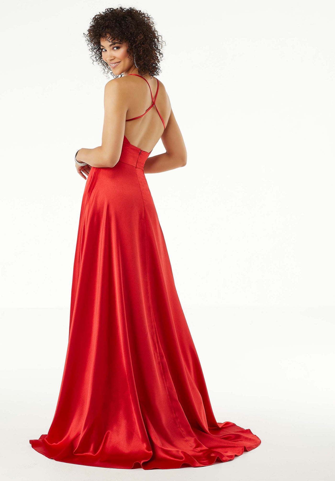Mori Lee - 45075 Scoop Neck Wrap High Slit Satin Gown in Red