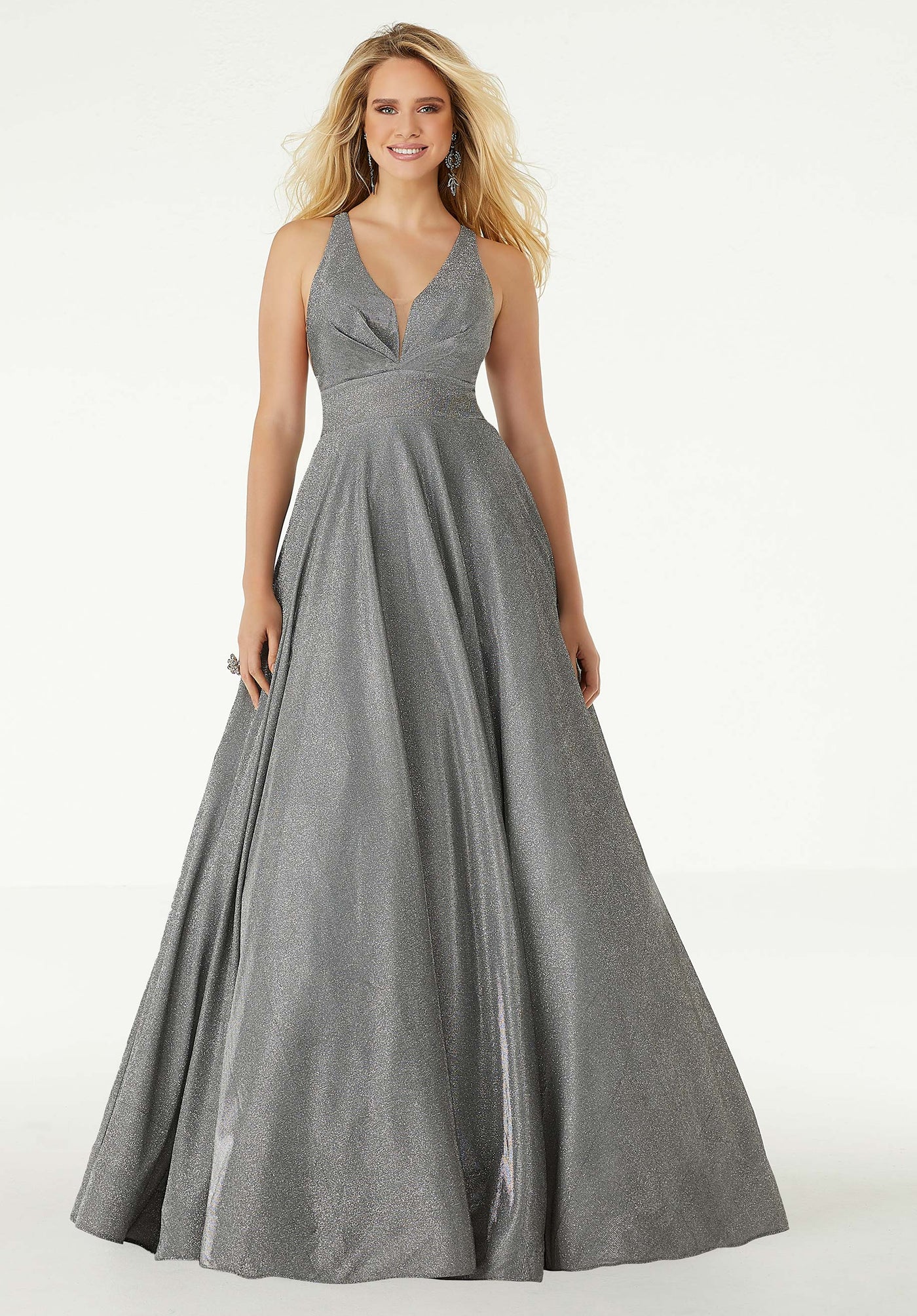 Mori Lee - 45087 Pleat-Ornate Plunging V-Neck Glitter Dress in Gray