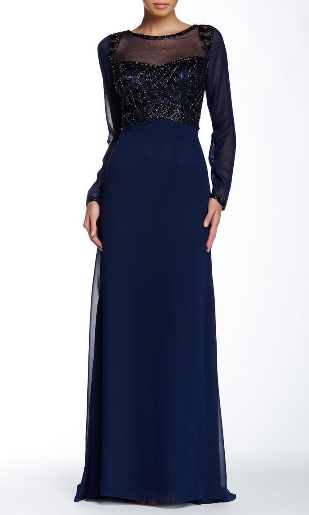 Sue Wong - Long Sleeve Sheer Beaded A-Line Dress N5310 In Blue