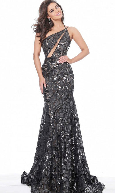 Jovani - 4553 Asymmetrical Fitted Lace Trumpet Dress In Gray