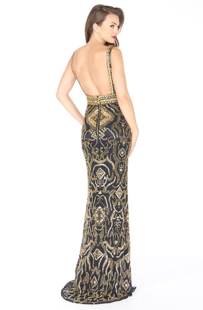 Mac Duggal - 4595R Gold Embellished V-neck Sheath Dress In Black and Gold