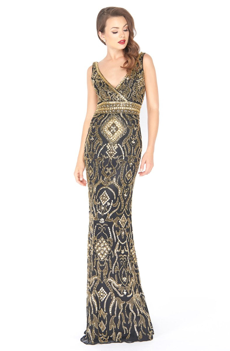 Mac Duggal - 4595R Gold Embellished V-neck Sheath Dress In Black and Gold