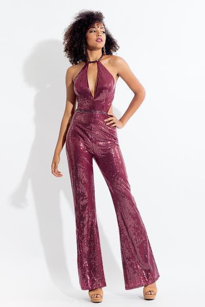 Rachel Allan - 4612 Plunging Cutout Sequined Jumpsuit In Red