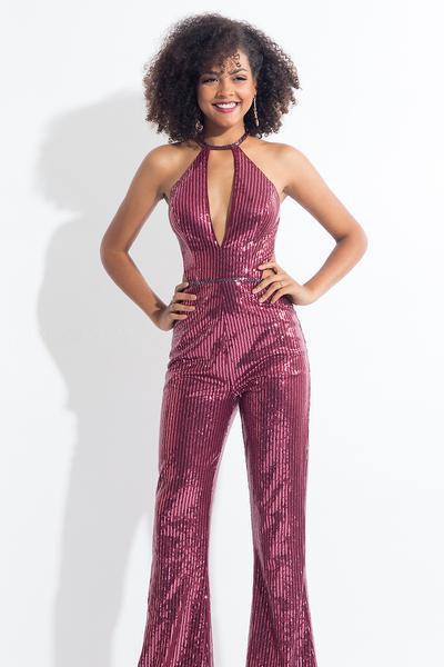 Rachel Allan - 4612 Plunging Cutout Sequined Jumpsuit In Red