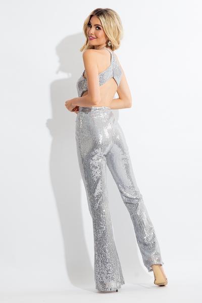 Rachel Allan - 4612 Plunging Cutout Sequined Jumpsuit In Silver