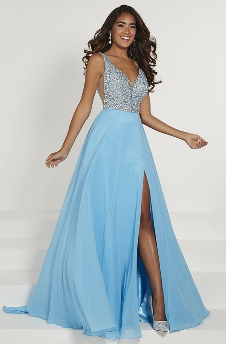 Tiffany Designs - 46171 Embellished Deep V-neck Chiffon A-line Dress In Blue