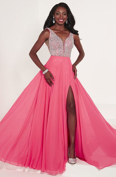 Tiffany Designs - 46171 Embellished Deep V-neck Chiffon A-line Dress In Pink