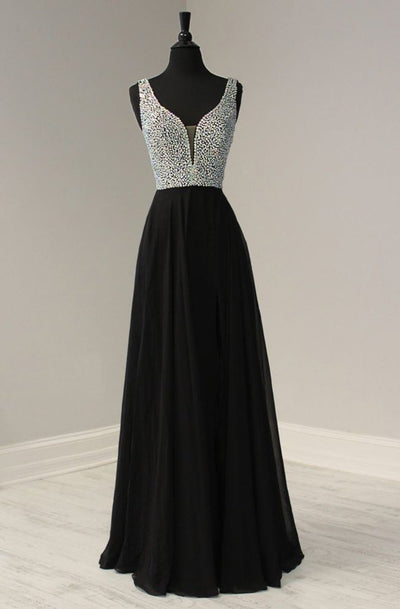 Tiffany Designs - 46171 Embellished Deep V-neck Chiffon A-line Dress In Black
