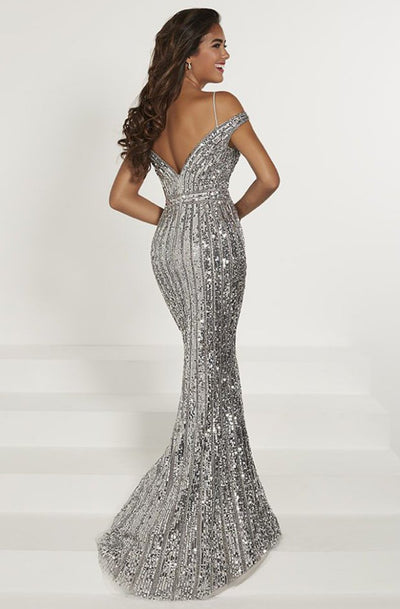 Tiffany Designs - 46179 Beaded Plunging Off-Shoulder Mermaid Dress In Silver