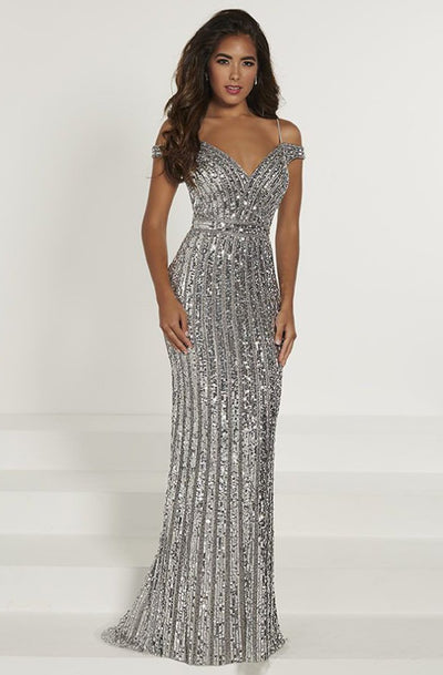 Tiffany Designs - 46179 Beaded Plunging Off-Shoulder Mermaid Dress In Silver