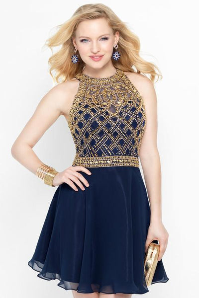 Alyce Paris - 46577 Gilded Diamond Illusion Cocktail Dress in Blue and Gold