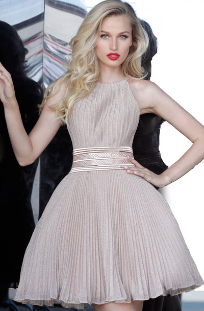 Jovani - 4664 Pleated Halter A-Line Cocktail Dress In Pink and Gold