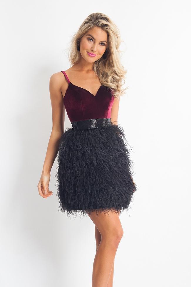Rachel Allan - 4682 Velvet Sweetheart Feathered A-line Dress in Red and Black