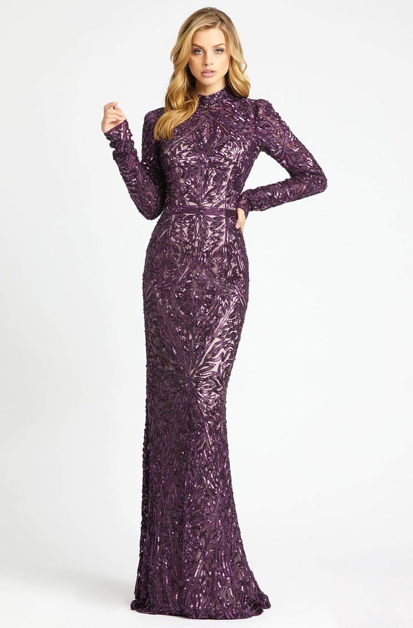 Mac Duggal Couture - 4729D Sequined High Neck Long Sleeves Gown In Purple