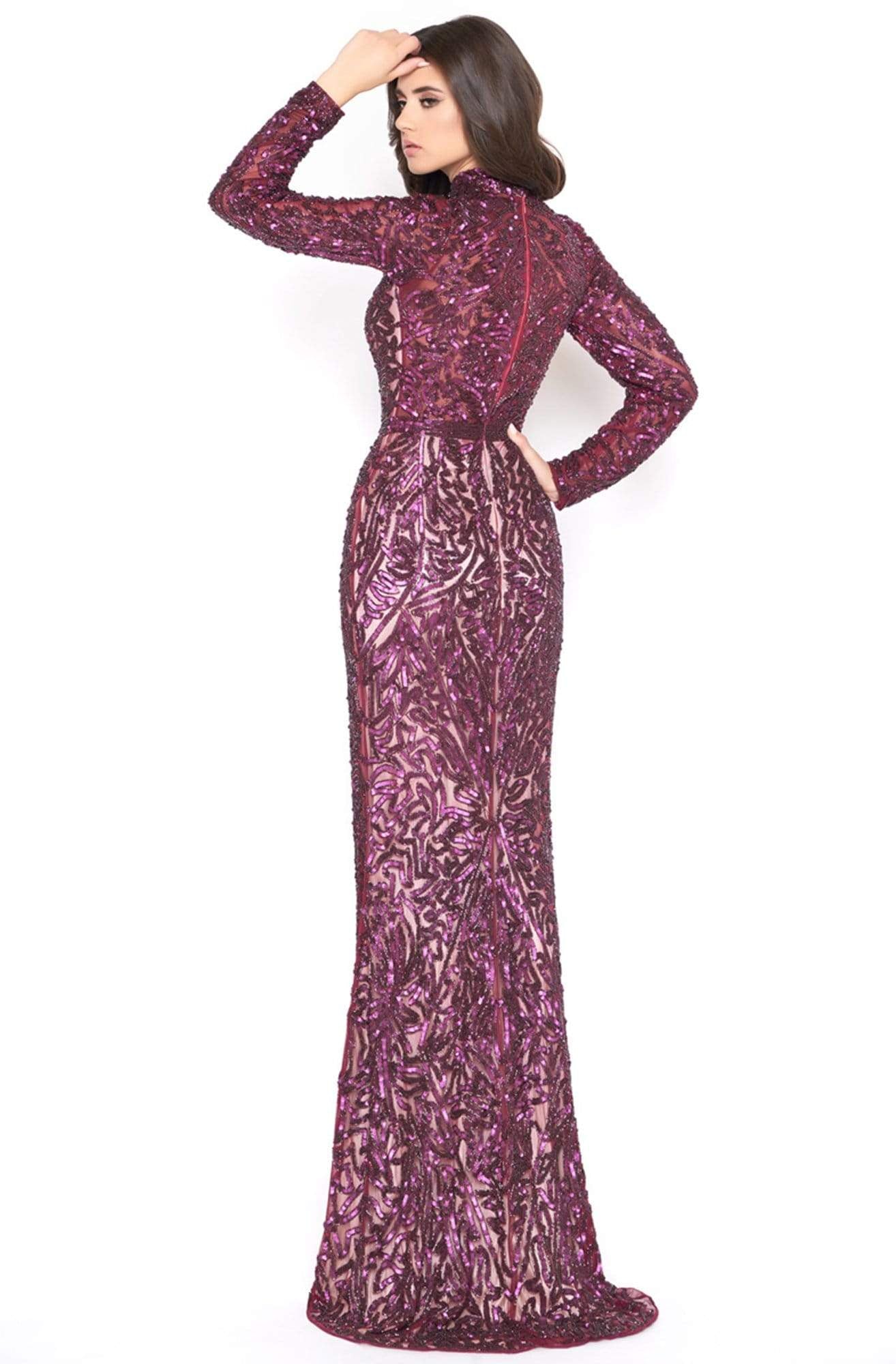 Mac Duggal Couture - 4729D Sequined High Neck Long Sleeves Gown In Purple