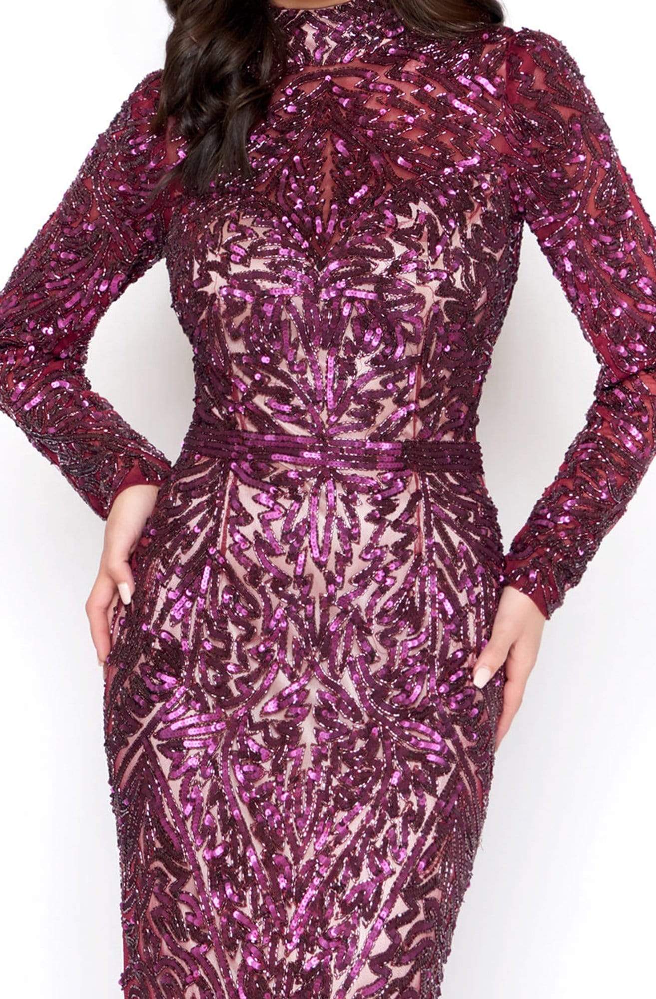 Mac Duggal Couture - 4729D Sequined High Neck Long Sleeves Gown Evening Dresses