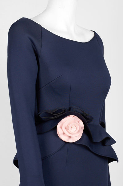 Nero By Jatin Varma - 480160 Long Sleeve Rosette Accent Peplum Gown In Blue