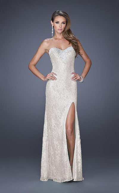 La Femme - Dainty Strapless Sweetheart Sheath Gown with Slit 20165 in Neutral and White