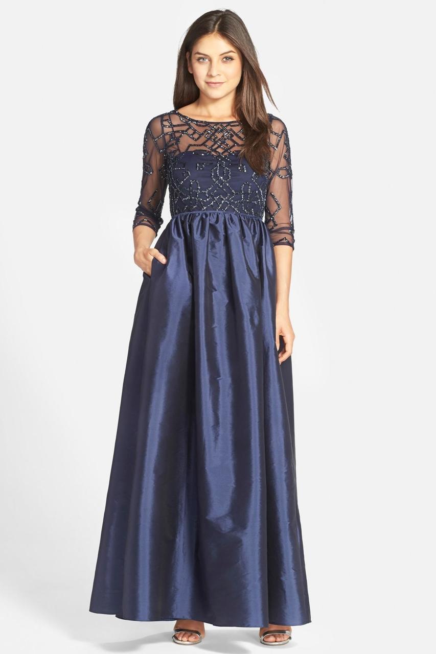 Adrianna Papell - 91912620 Quarter Sleeve Illusion Taffeta Gown in Blue