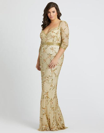 Mac Duggal Fabulouss - 4851F Gold Sequined V-Neck Trumpet Gown In Gold