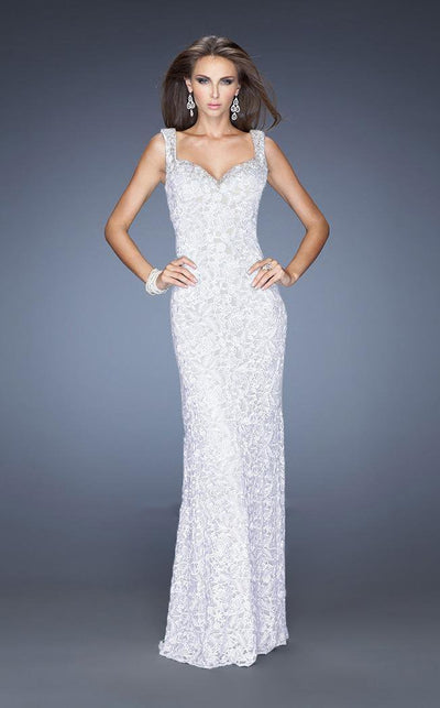 La Femme - Magnificently Embellished Lace Sweetheart Sheath Gown 20121 in White