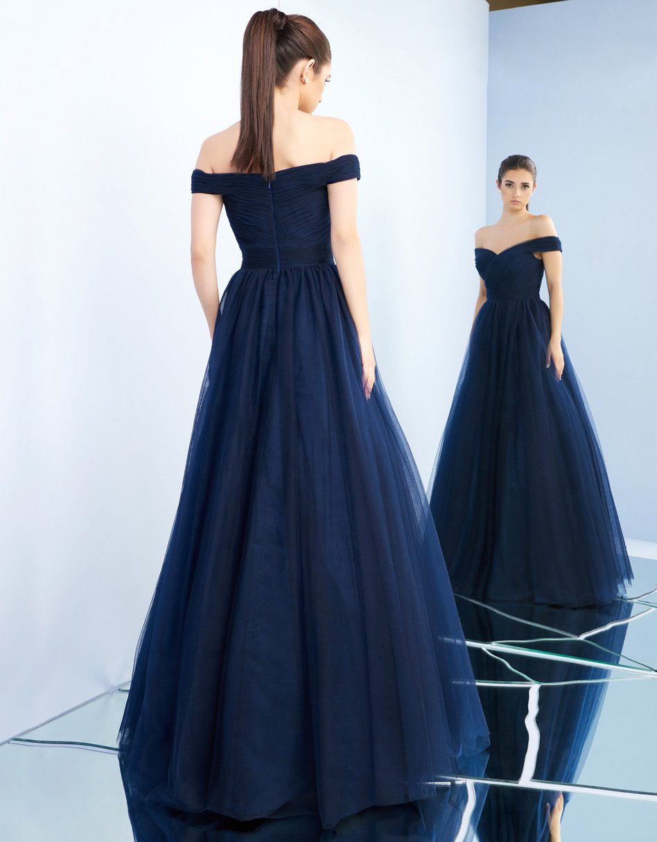 Ieena Duggal - 48778I Tulle Off Shoulder A-Line Evening Gown in Blue