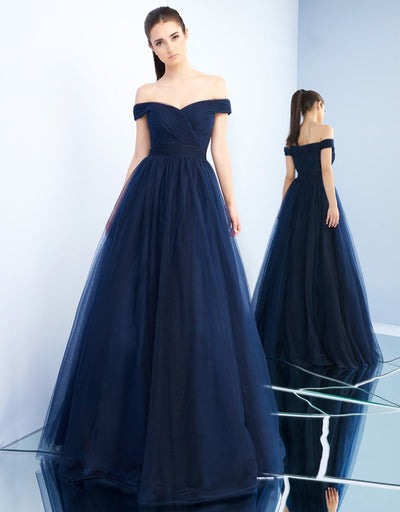 Ieena Duggal - 48778I Tulle Off Shoulder A-Line Evening Gown in Blue