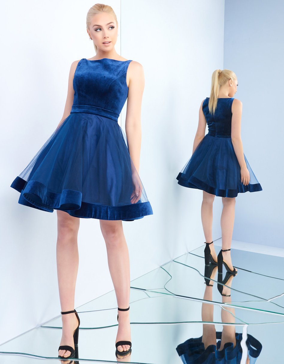 Ieena Duggal - 48781I Fitted Bateau A-Line Cocktail Dress in Blue
