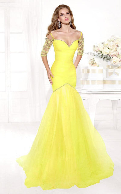 Tarik Ediz - mte92372 Bejeweled Illusion Sleeve Fitted Trumpet Gown In Yellow