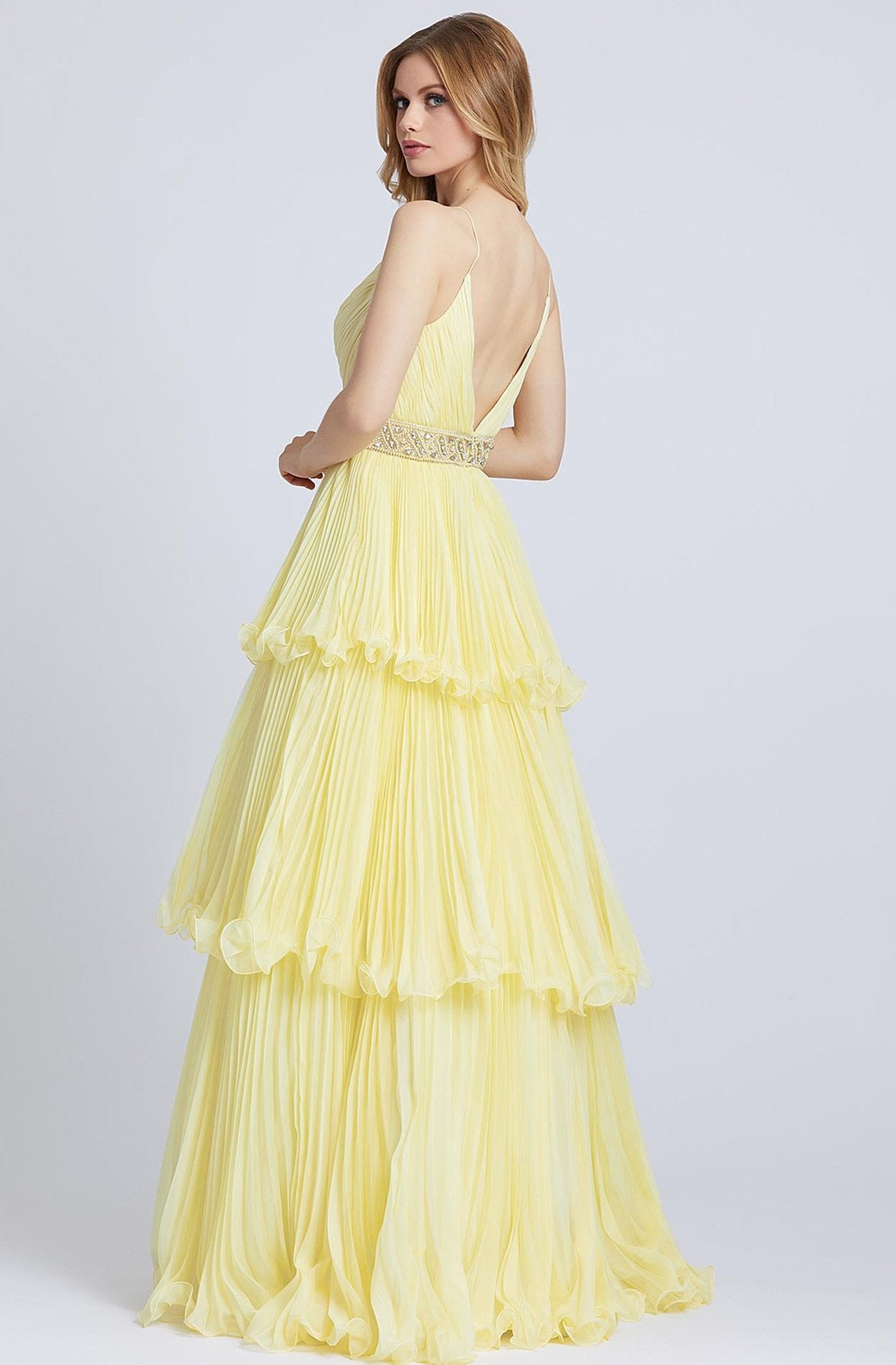 Mac Duggal Ballgowns - 48857H V Neck Beaded Waist Three-Tiered Gown In Yellow