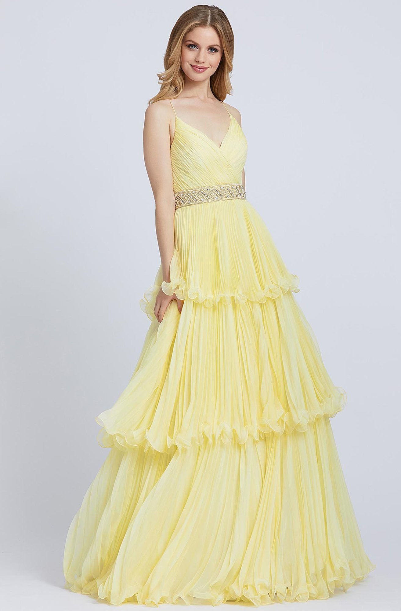 Mac Duggal Ballgowns - 48857H V Neck Beaded Waist Three-Tiered Gown In Yellow