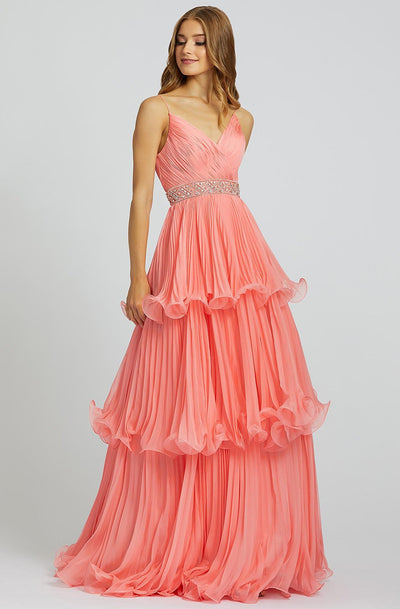 Mac Duggal Ballgowns - 48857H V Neck Beaded Waist Three-Tiered Gown In Orange