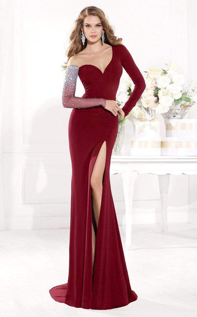 Tarik Ediz - mte92373 Illusion Asymmetrical Long Sleeve Gown In Red