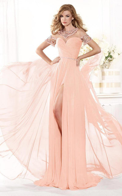 Tarik Ediz - MTE92386 Bejeweled Illusion Neckline Evening Gown In Orange and Pink
