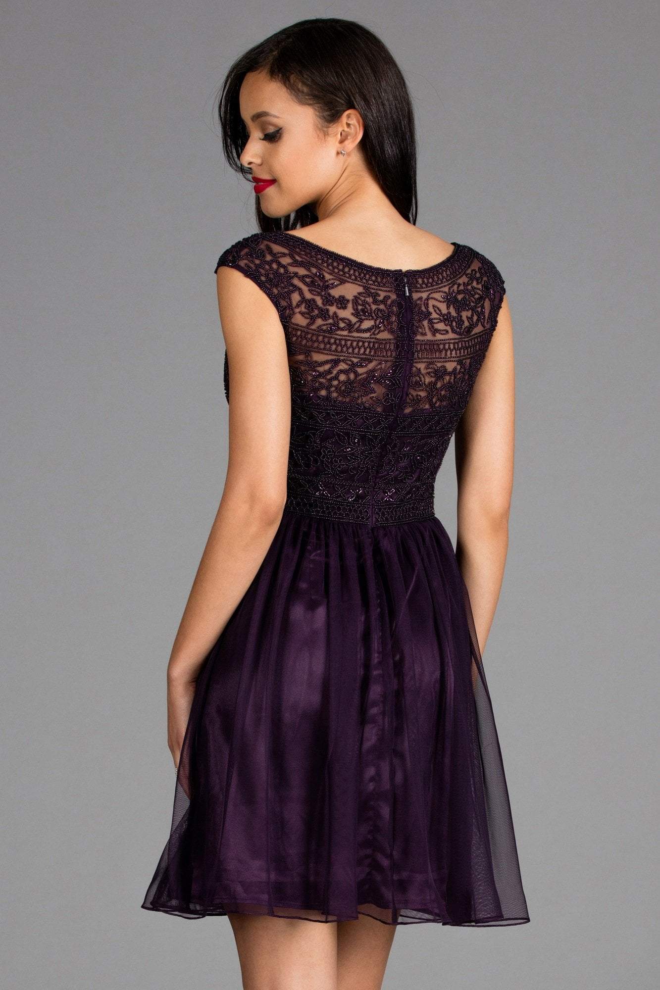 Scala - 48882 Beaded Bateau Tulle A-line Dress In Purple