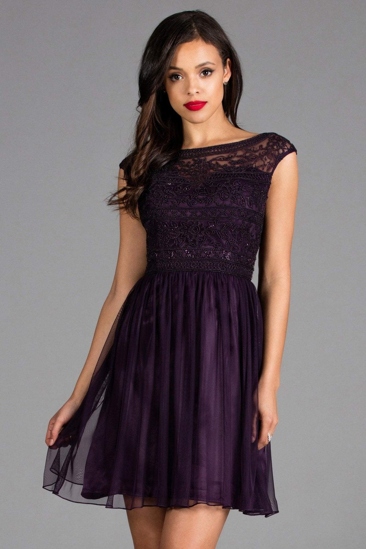 Scala - 48882 Beaded Bateau Tulle A-line Dress In Purple