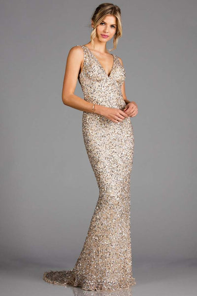SCALA - Sequined Plunging V-neck Sheath Dress With Train 48883 In Neutral
