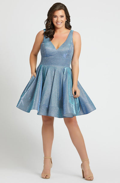 Mac Duggal Fabulouss - 48891F Glittery V-Neck and Back Cocktail Dress In Blue and Silver