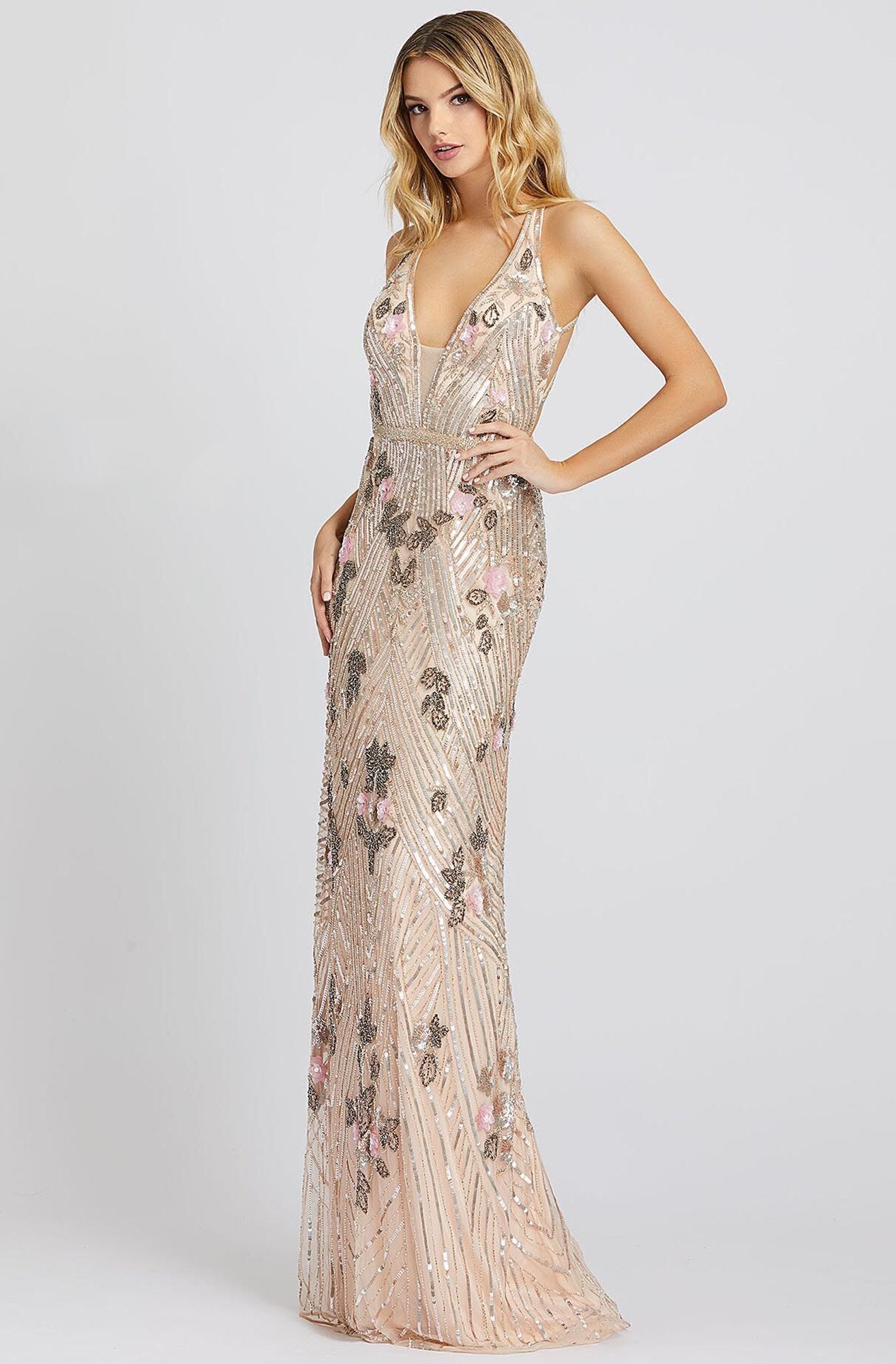 Mac Duggal Prom - 4890M Strappy Plunging V-Neck Sheath Dress In Nude and Silver