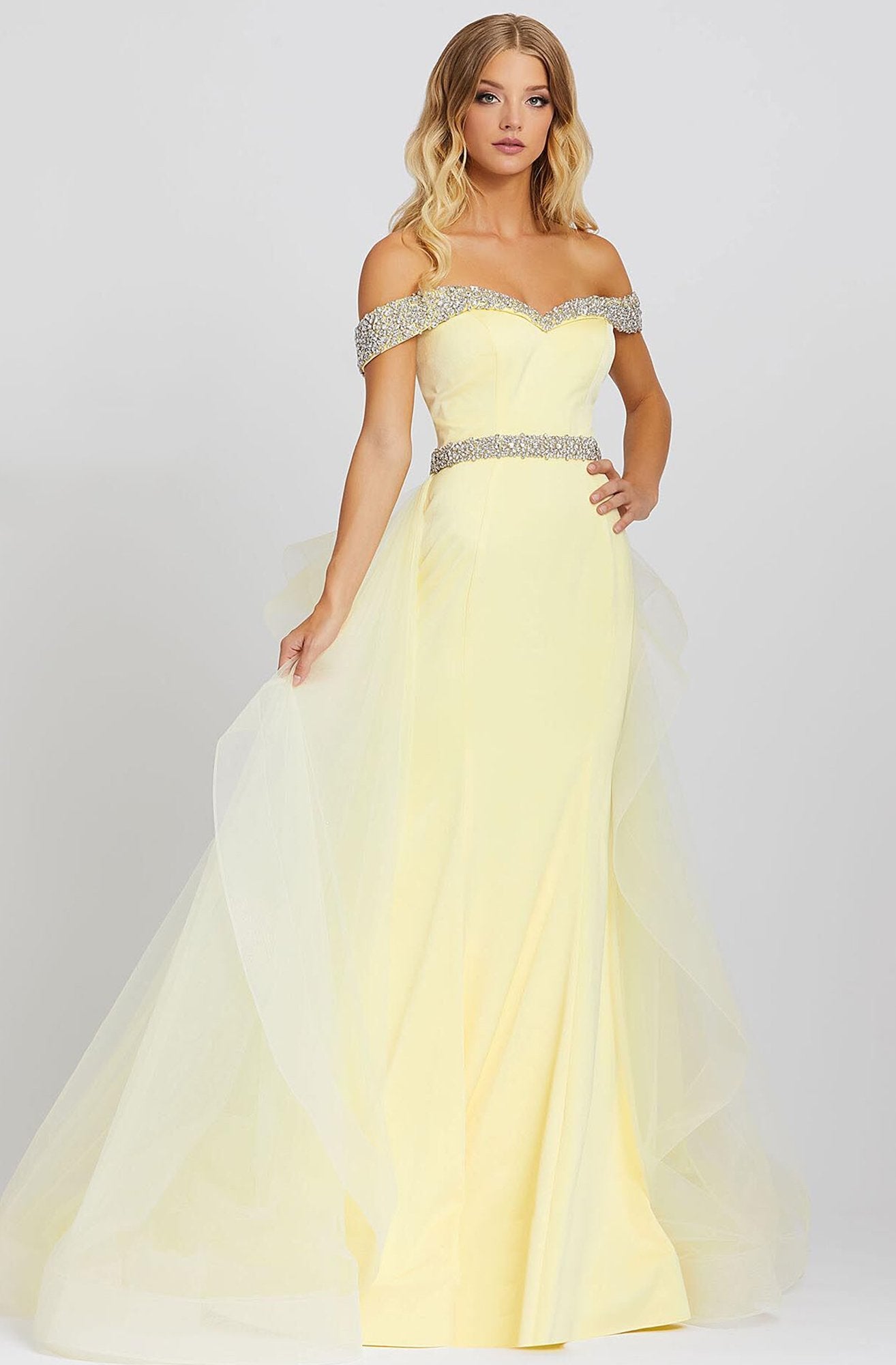 Mac Duggal Prom - 48913M Off-Shoulder Sheath Dress with Overskirt In Yellow
