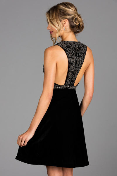 Scala - 48913 Beaded Plunging V-neck Velvet A-line Dress In Black