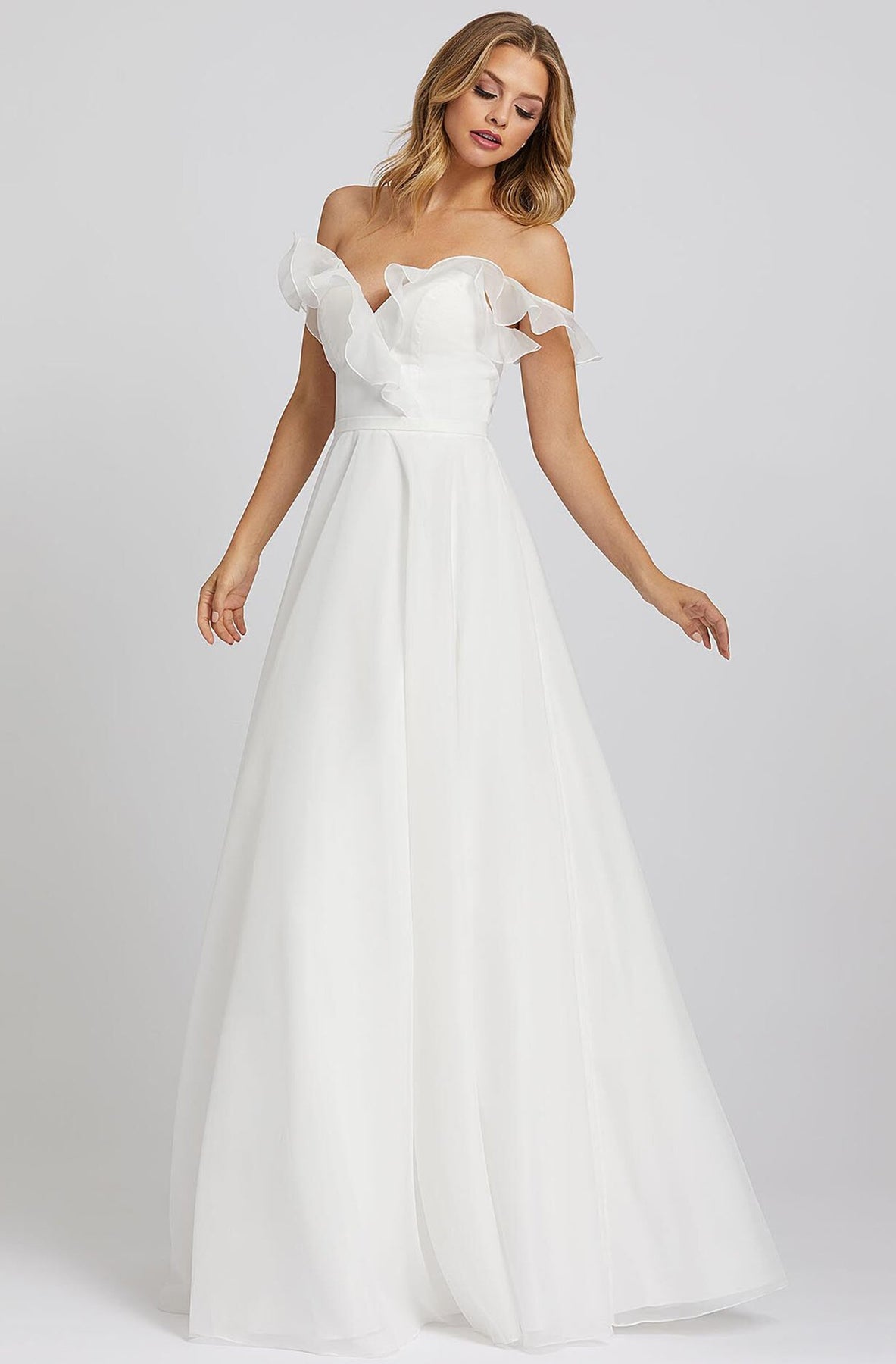 Ieena Duggal - 48942I Ruffled Off Shoulder V-Neck A-Line Gown In White