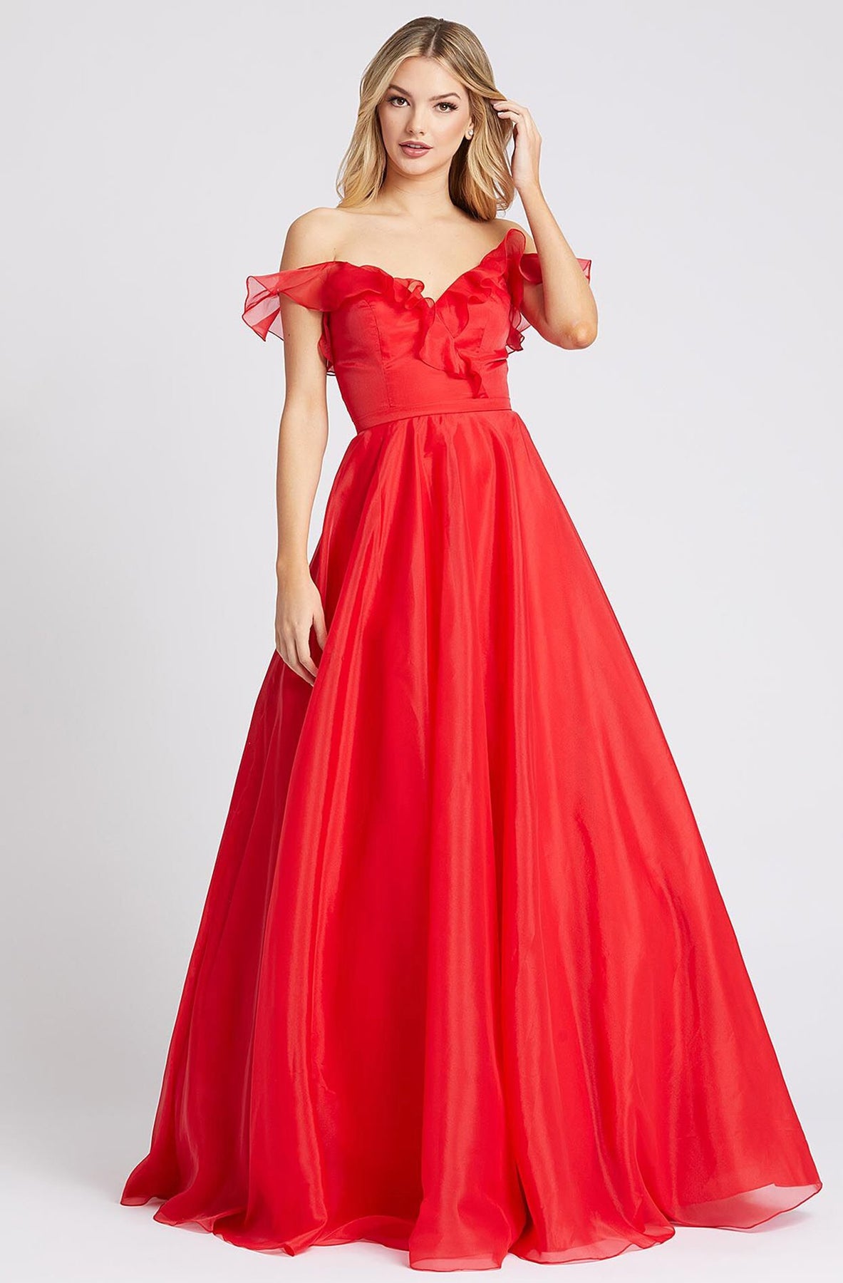 Ieena Duggal - 48942I Ruffled Off Shoulder V-Neck A-Line Gown In Red