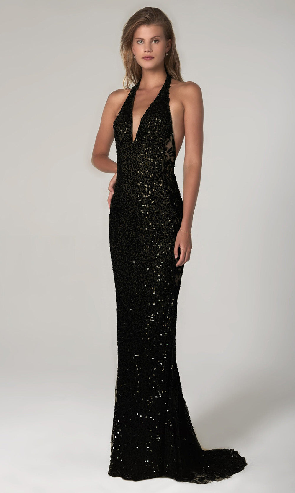 SCALA - 48959SC Deep Halter Sexy Open Back Sequin Sheath Dress In Black