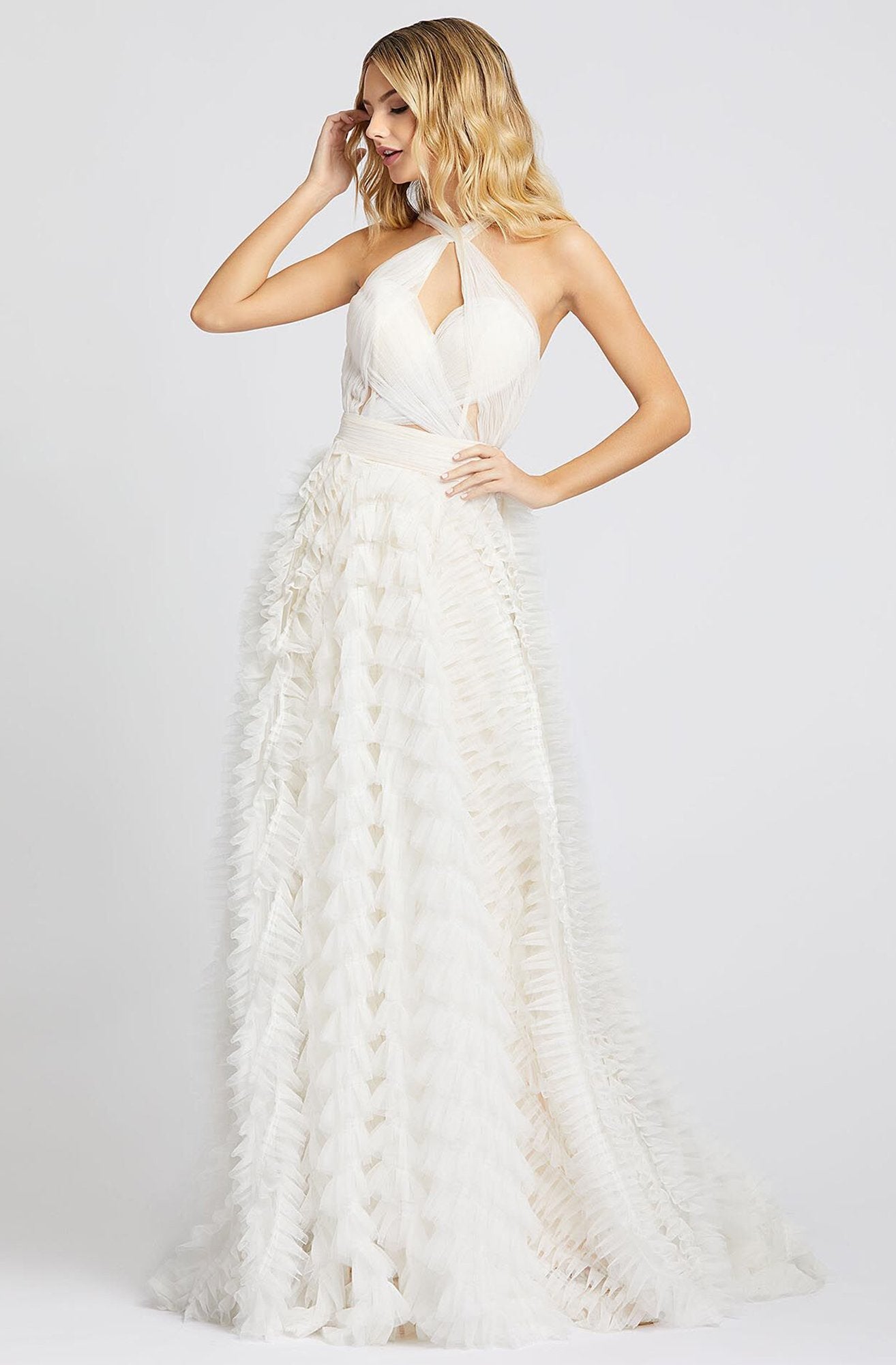 Mac Duggal Prom - 48976M Ruched Halter Ruffled Dress In White