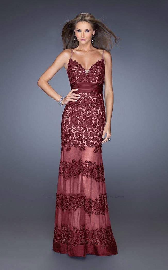 La Femme - Sweetheart Floral Lace Striped Evening Dress 20131 In Red