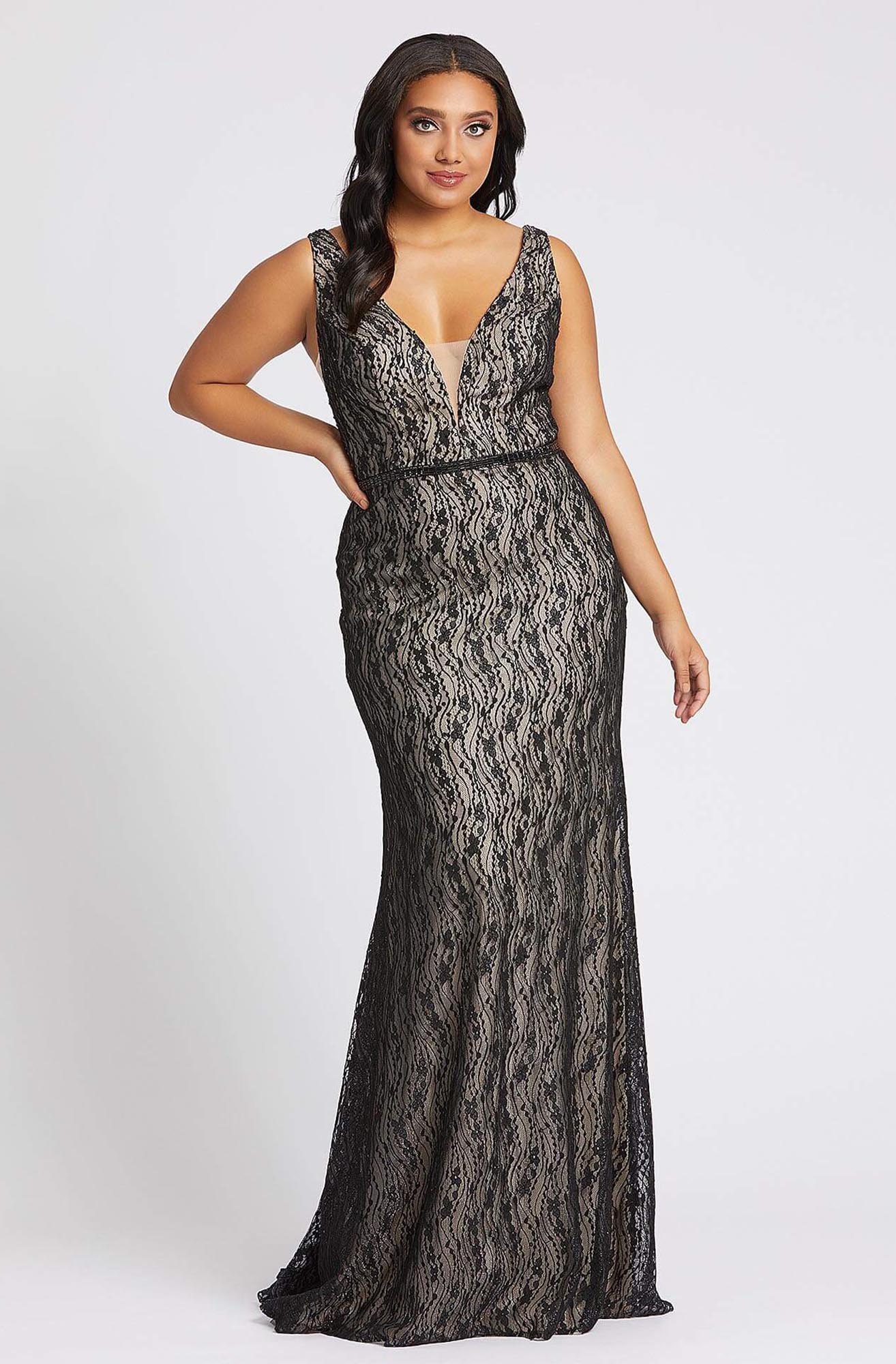 Mac Duggal Fabulouss - 48995F V-Neck Laced Long Column Dress In Black