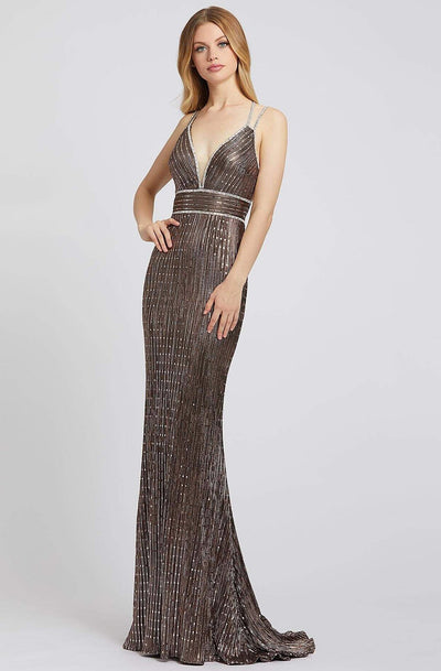 Mac Duggal Flash - 48999L Beaded Plunging V-Neck Sheath Gown In Brown