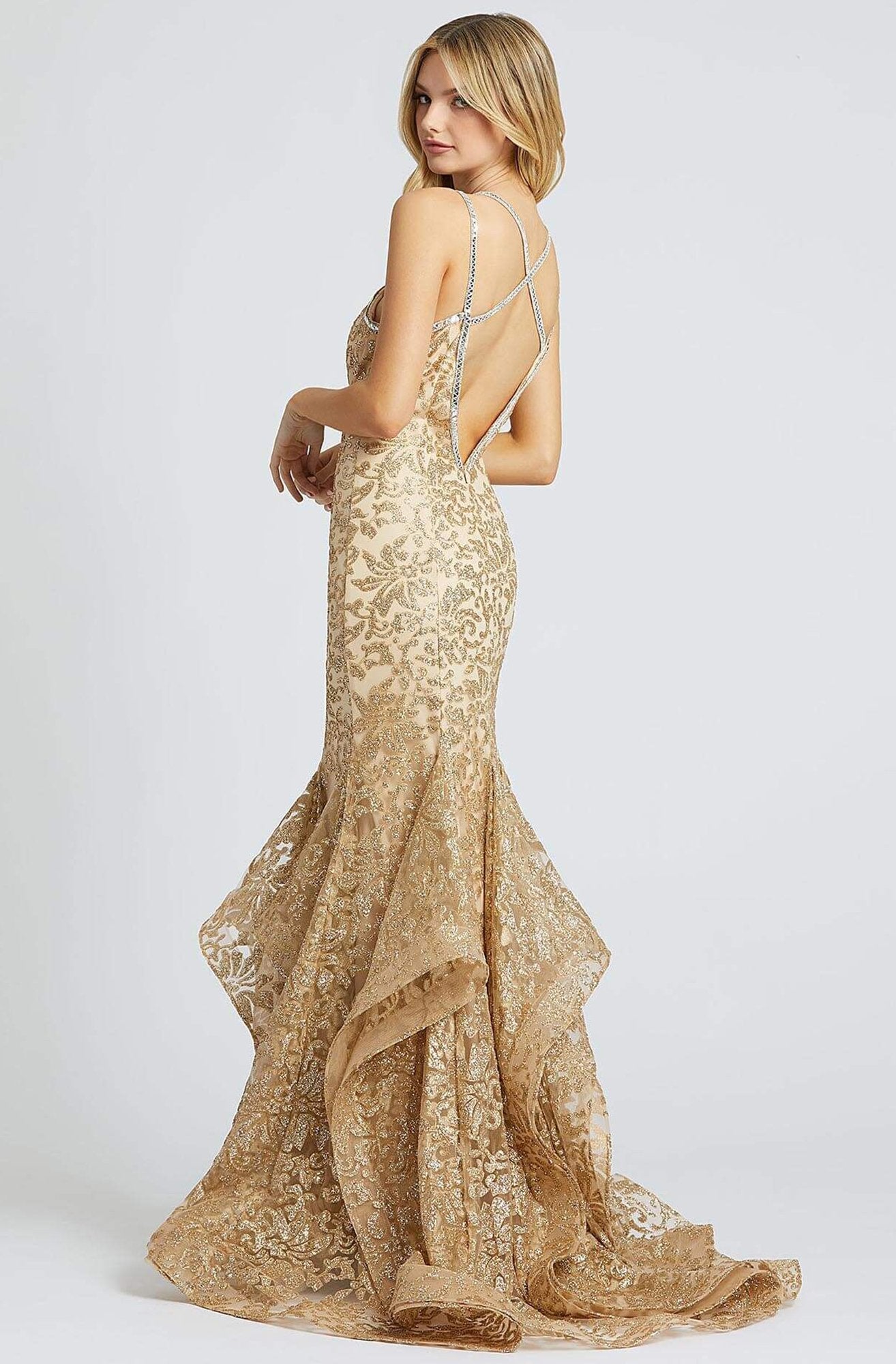 Mac Duggal Prom - 49015M Strappy Embellished Ruffled Mermaid Dress In Gold